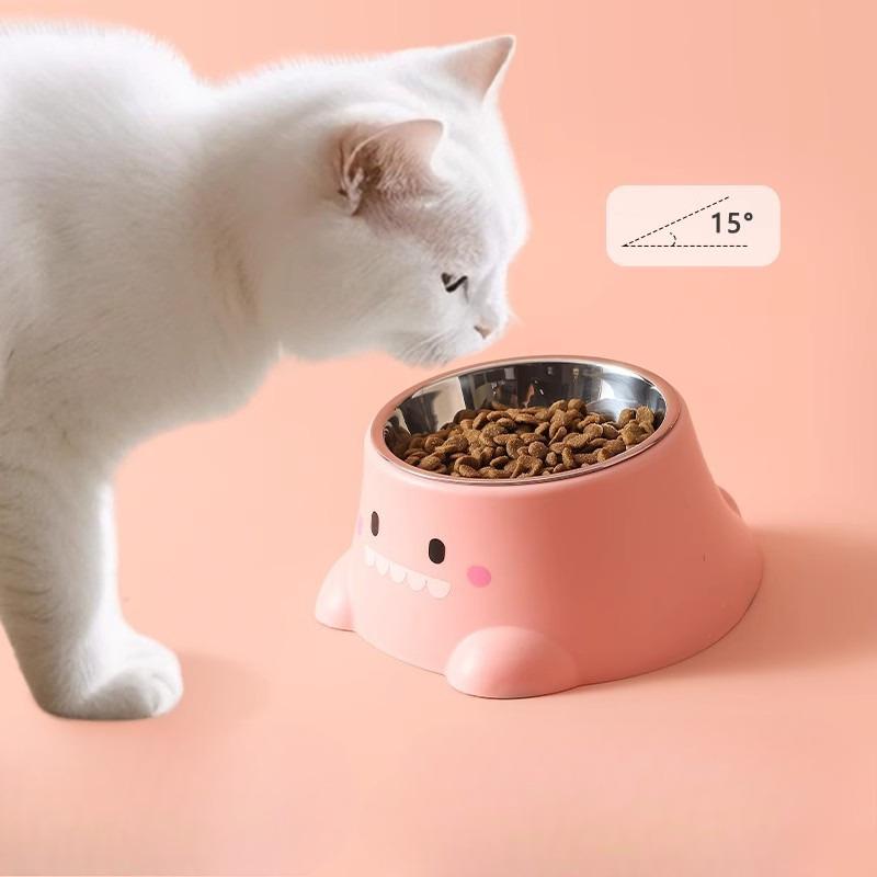 Stainless Steel Pet Bowl For Cats And Dogs Dinosaur Design Non Spill Food Feeder With Green And Yellow Base KTY