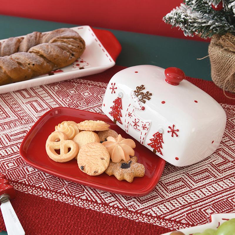 Nordic Christmas Tableware Set, Santa Embossed Ceramic Plates Bowls, Stitched Sealing Canister Collection