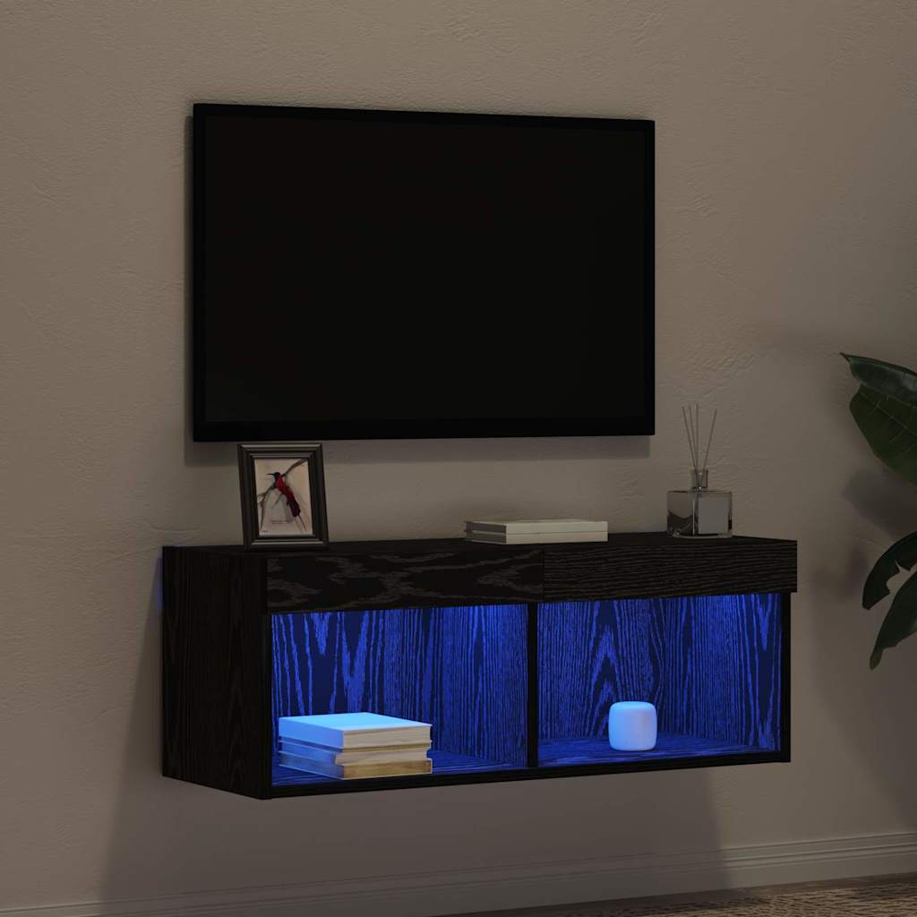 Black Oak Effect Wall Mounted LED TV Cabinet Set 80 X 30 X 30 Cm