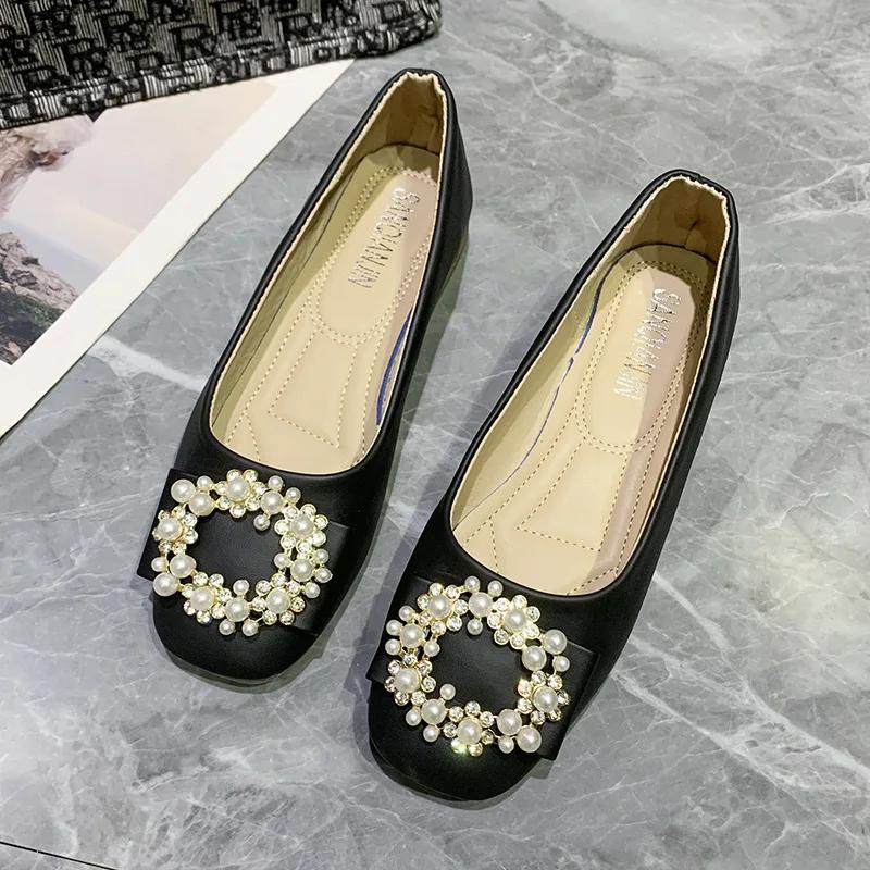 Spring and Autumn New Luxury Women's Flat Shoes Fairy Style Pearl Shallow Mouth Casual Shoes Soft Bottom Comfortable Work Shoes