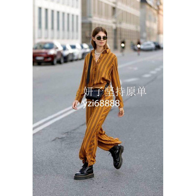 

Expensive Brand Pure Original Fashionable Blogger Street Shot Street Fashion Advanced Texture Pattern Curry Color Black Strip Shirt Outfit Female Curry Stripes Suit * Suit S