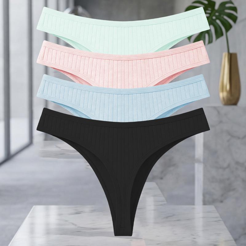 FINETOO 4Pcs/Set Cotton Ribbed Thongs For Women Seamless Solid Color High Quality Underwear Ladies Cozy Breathable Sexy G-String