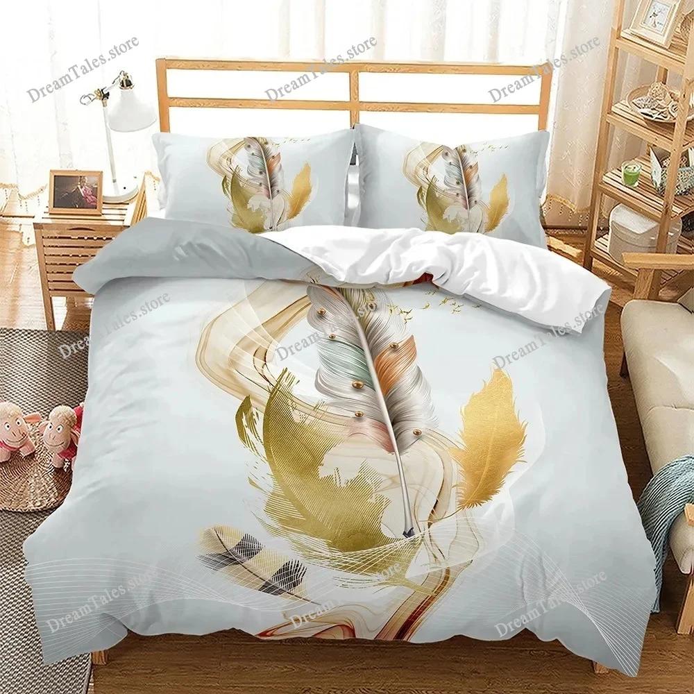 Feather Duvet Cover Set 3D Golden Feather Marble Polyester Pillowcases Quilt Cover Home Decor Gift Twin King Queen Bedding Set