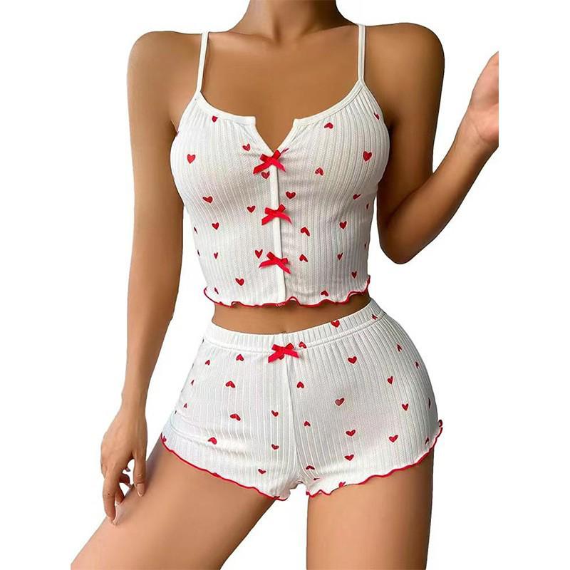 Pigiama a coste alla moda con stampa di ciglia a forma di cuore per donna