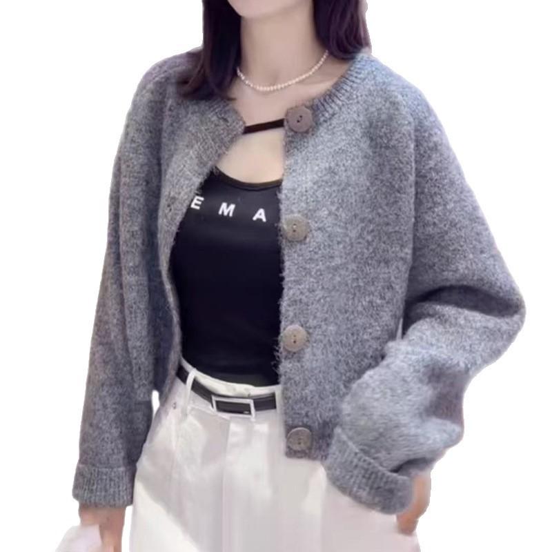 Retro crew neck knitted open women's autumn and winter new lazy wind knitted sweater top solid color sweater jacket