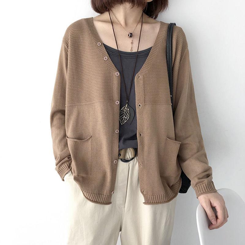 

Women s Loose V-neck Long Sleeve Knitted Cardigan for Spring and Autumn 2025 One Size хаки