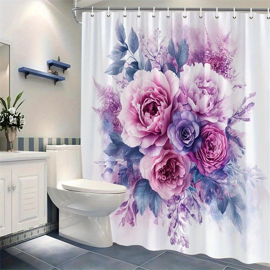 1Pcs Watercolor Pink Purple Rose Shower Curtain, Polyester Fabric, Machine Washable, With Hook, Suitable For Bathroom Decoration