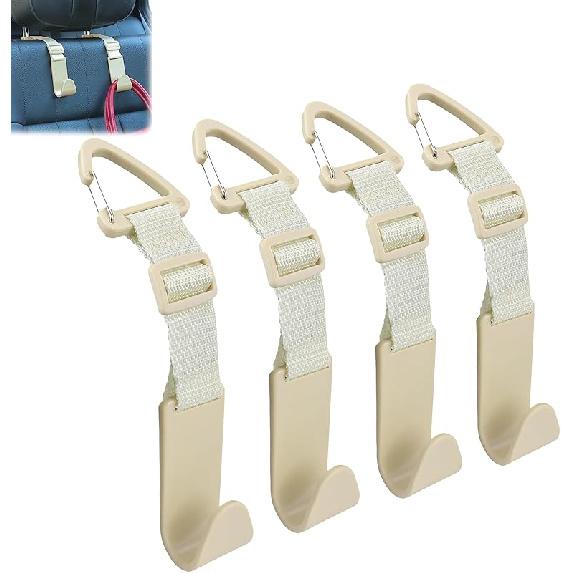 Amooca Headrest Hooks For Car Adjustable 4 Pack Vehicle Seat Back Organizer Storage Hanger Holder For Purse Bags Universal Fit With Clip Beige