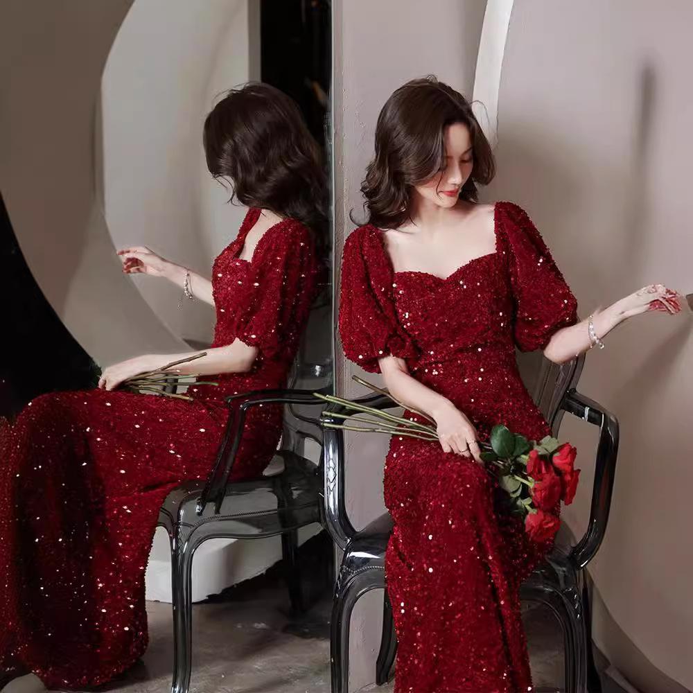 Toast Bride 1011 New Summer Burgundy Engagement Dress Waist Fishtail Sequins Annual Meeting Dress Women
