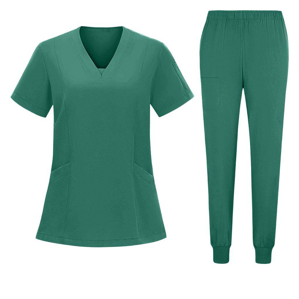 Women's Short Sleeved Color Round Neck Pocket Top Pants Work Clothes Two Piece Set
