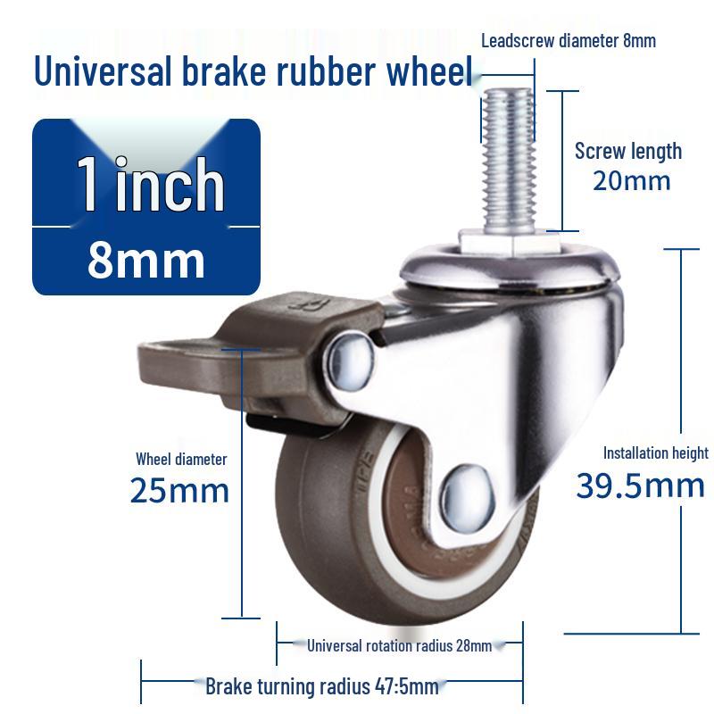 Rueda giratoria de goma universal con freno y rodamiento silencioso - Rosca M6/M8/M10/M12, Rodillo blando