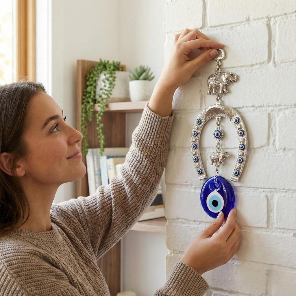 Ornamento Suspenso de Cavalo Turco de Prata Azul Olho Grego com Elefante para Entrada de Casa