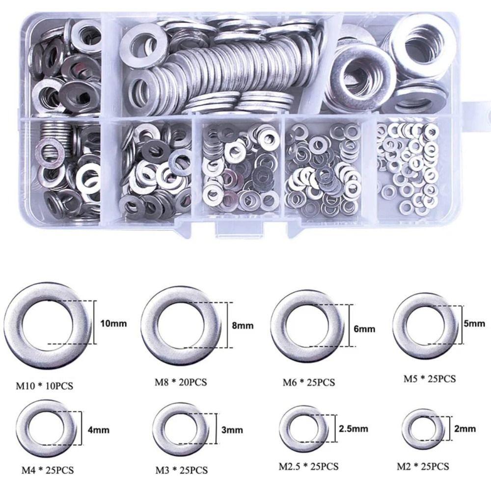 180pcs M2 M2.5 M3 M4 M5 M6 M8 M10 Washer Flat Stainless Steel Gasket Rings Assortment Kit