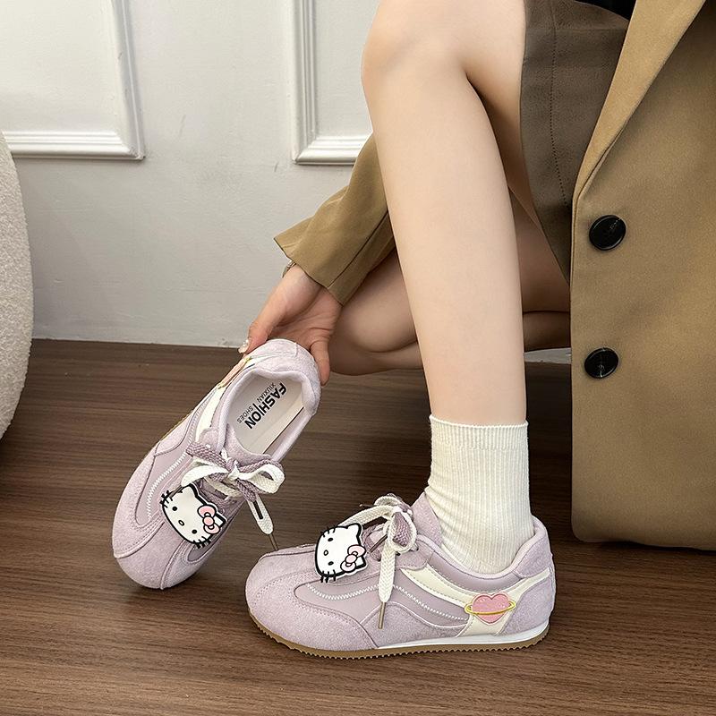 Cute Hello Kitty Sneakers Women's 2025 Autumn New Retro Argand Training Shoes Platform Non-slip Lace-up Board Shoes