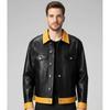 Stylish Soft Lambskin Leather Biker Men's Handmade Black and Yellow Denim Jacket