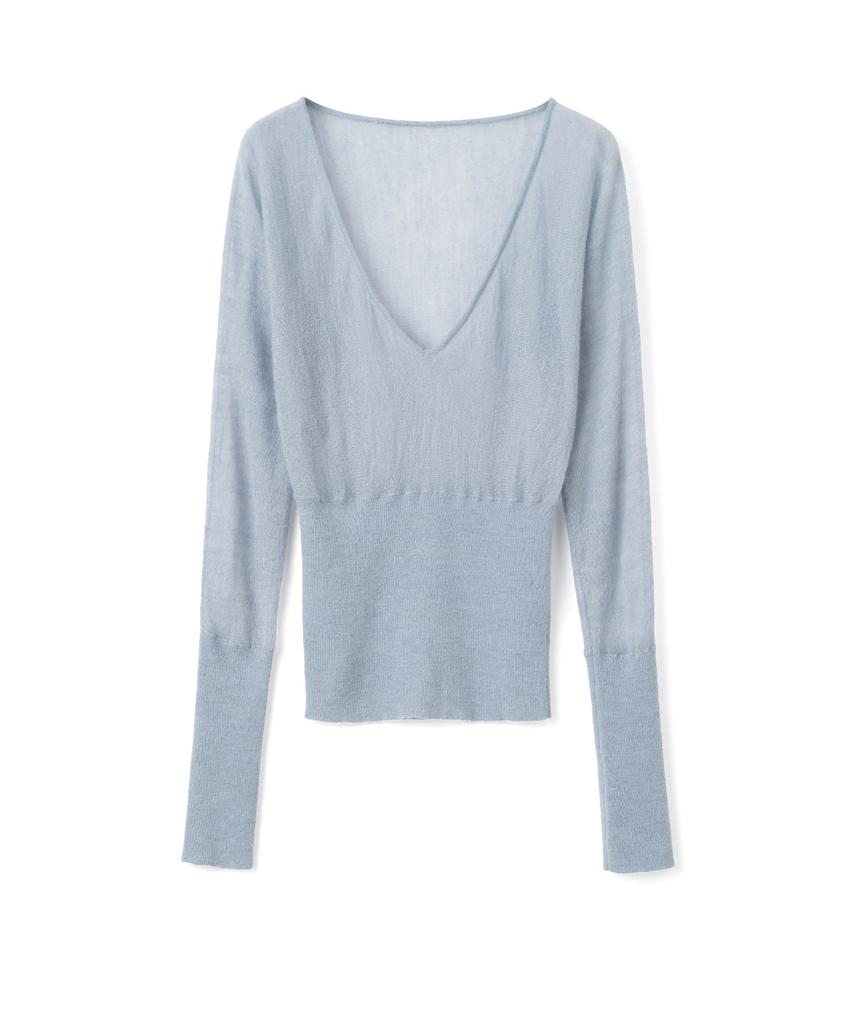 MILLO WOMEN Sheer Deep V-Neck Knit [Ash Blue]