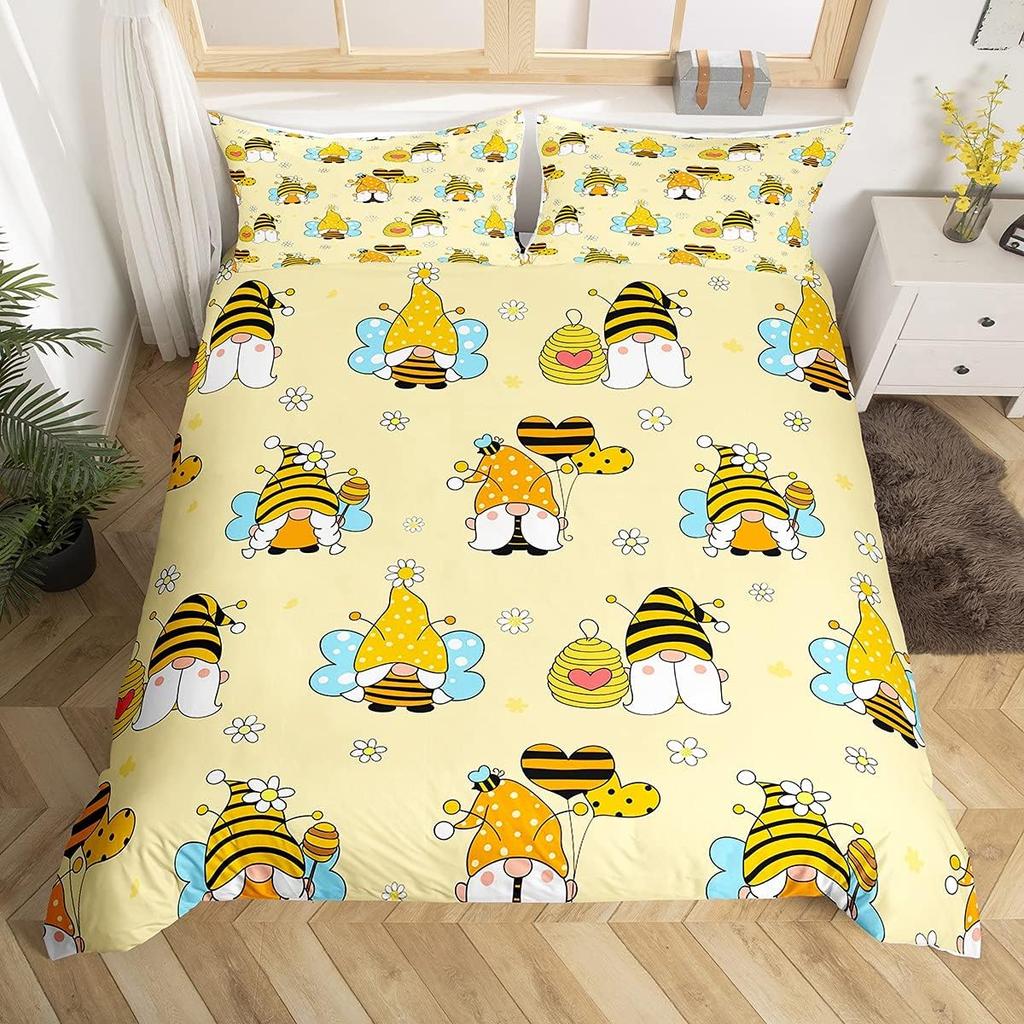 Cute Honeybee Duvet Cover Twin Queen Spring Garden Bedding Set Geometric Honeycomb Hexagon Comforter Cover Wild Animal Bed Set