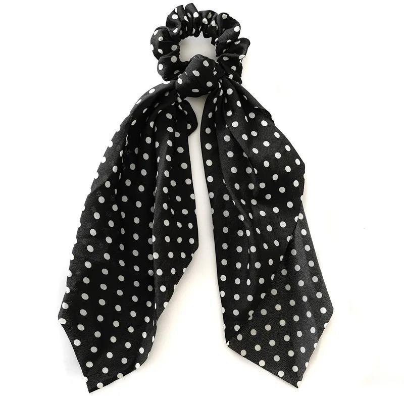 Polka Dot Print Chiffon Long Ribbon Scrunchies Women Girls Ponytail Holder Elastic Rubber Bands Hair Ties Ropes Hair Accessories