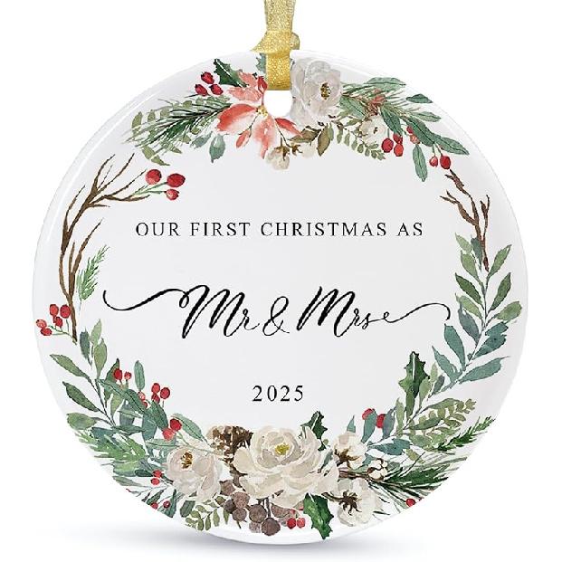 Our First Christmas Married Ornament 2025,Wedding Gifts for Couples Unique Decoration,First Year Newlywed Mr and Mrs Hanging 2.9" Ceramic Round