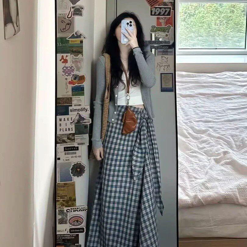 Korean Style Spring & Summer Outfit: Cardigan, Lace Camisole, Plaid Skirt Set S