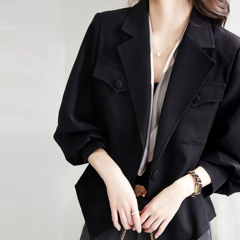 

Женская повседневная верхняя одежда с длинными рукавами, блейзер в корейском стиле, универсальная куртка, свободный короткий тренч для весны XL чёрный