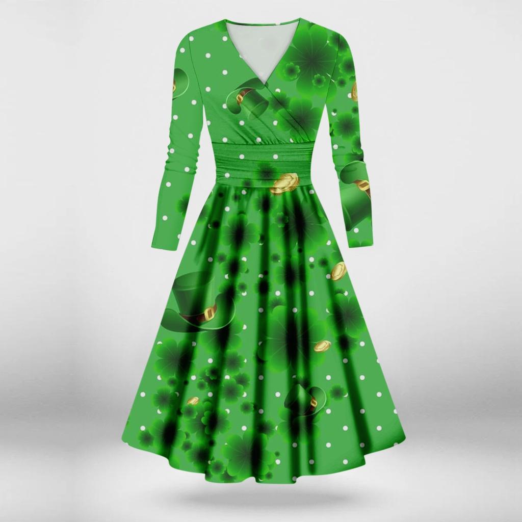 Ladies Fashion Casual St. Patrick's Day Print Long Sleeve V-neck Sexy Dress