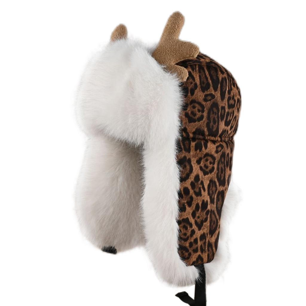Antlers Leopard Print Hat Women's Winter Thickened Plush Ear Protection Hat Men's Outdoor Cycling Cold-proof Snow Mountain Hat