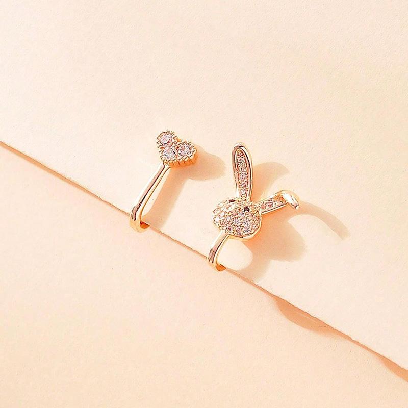 2PCs/Set Gold Silver Cartoon Rabbit Heart Fake Nose Ring Hollow Butterfly Heart U-shaped Nose Clip Body Jewelry