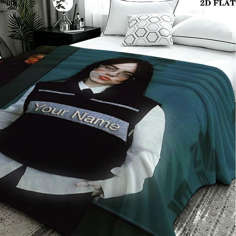 1PC Billie Eilish Custom Name Patterned Flannel Blanket Suitable For All Seasons for Home Decor Warmth and Comfort Gifts Holiday Present