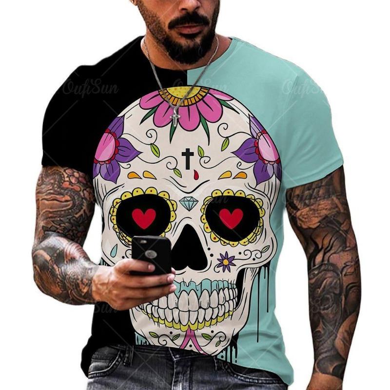 

Летняя мужская футболка Эксклюзивный дизайн Цветной череп Арт Эстетика Круглый вырез Топ 3D-принт Футболка 6XL