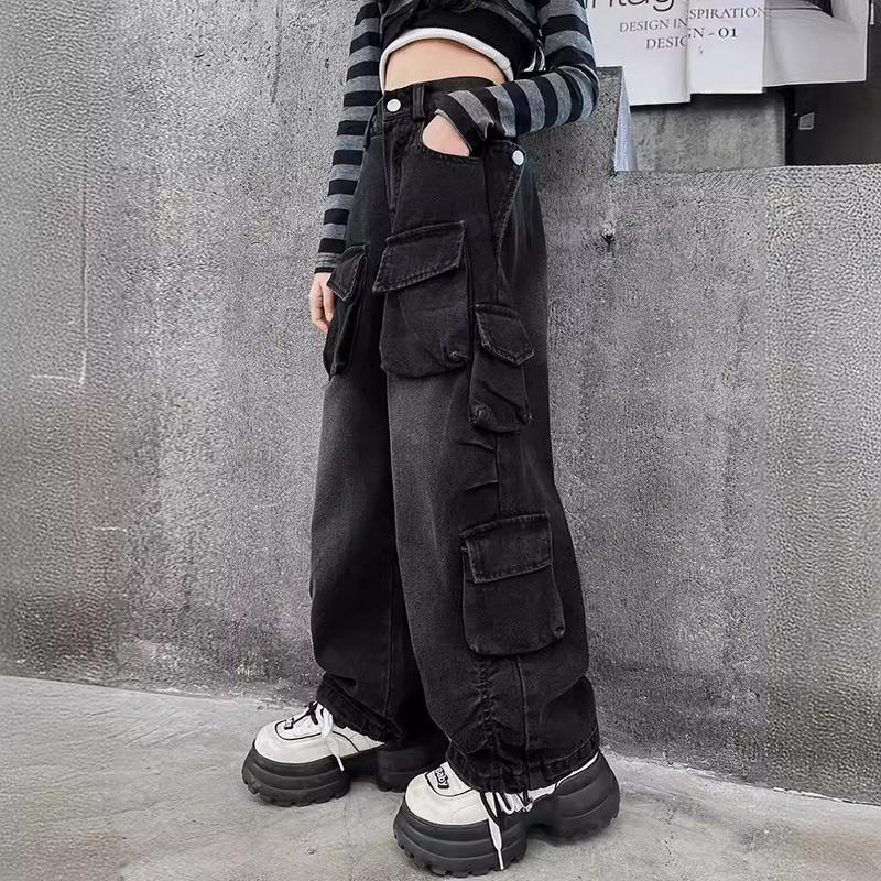 Cargo Jeans for Girls Spring Loose Casual Elastic Waist Teenage Children Wide Leg Pants Design Streetwear Kids Trousers