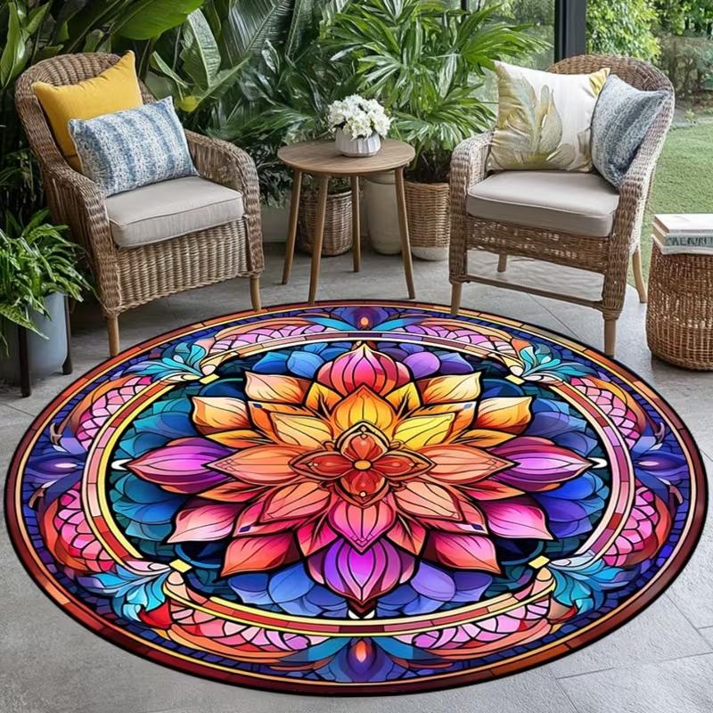 Sacred Lotus Mandala Round Rug Visual Style Bohemian Paisley Print Soft Non Slip Circle Mat for Living Room Bedroom Yoga Decor