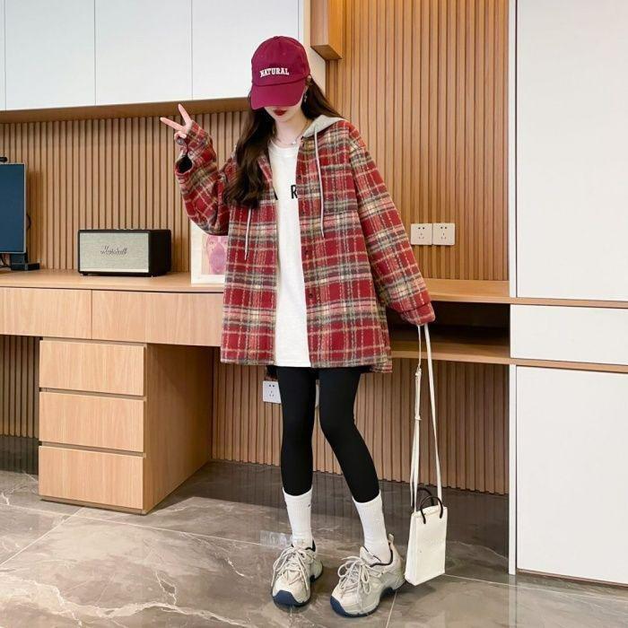 Retro Plaid Style Women's Coat with Hood Casual Mid-length Women's Top Thin Women's Spring Coat