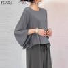 ZANZEA Women Casual Round Neck Solid Color 3/4 Sleeve Loose Blouse