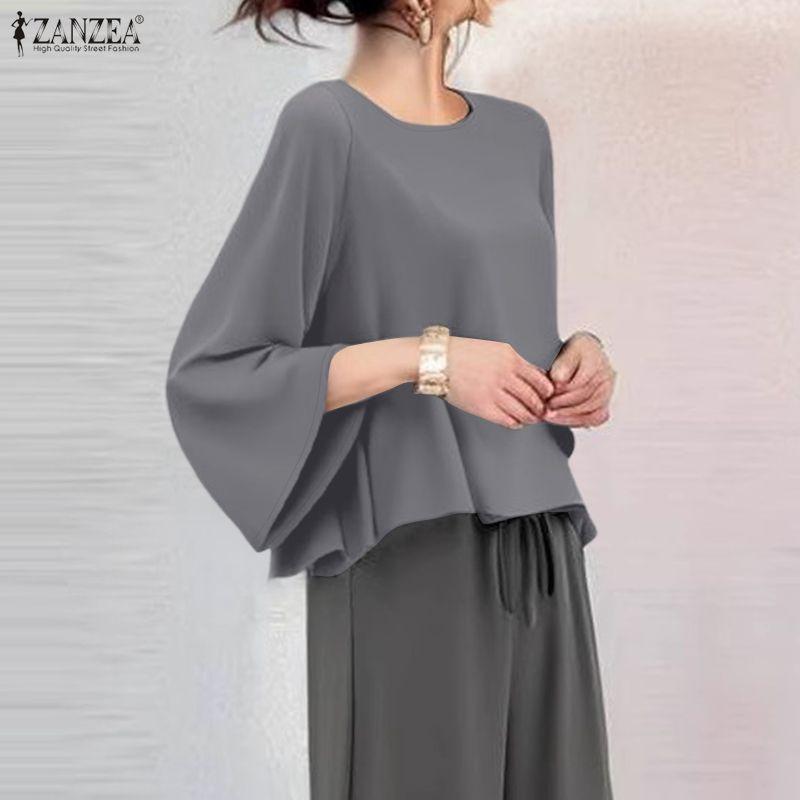 ZANZEA Women Casual Round Neck Solid Color 3/4 Sleeve Loose Blouse