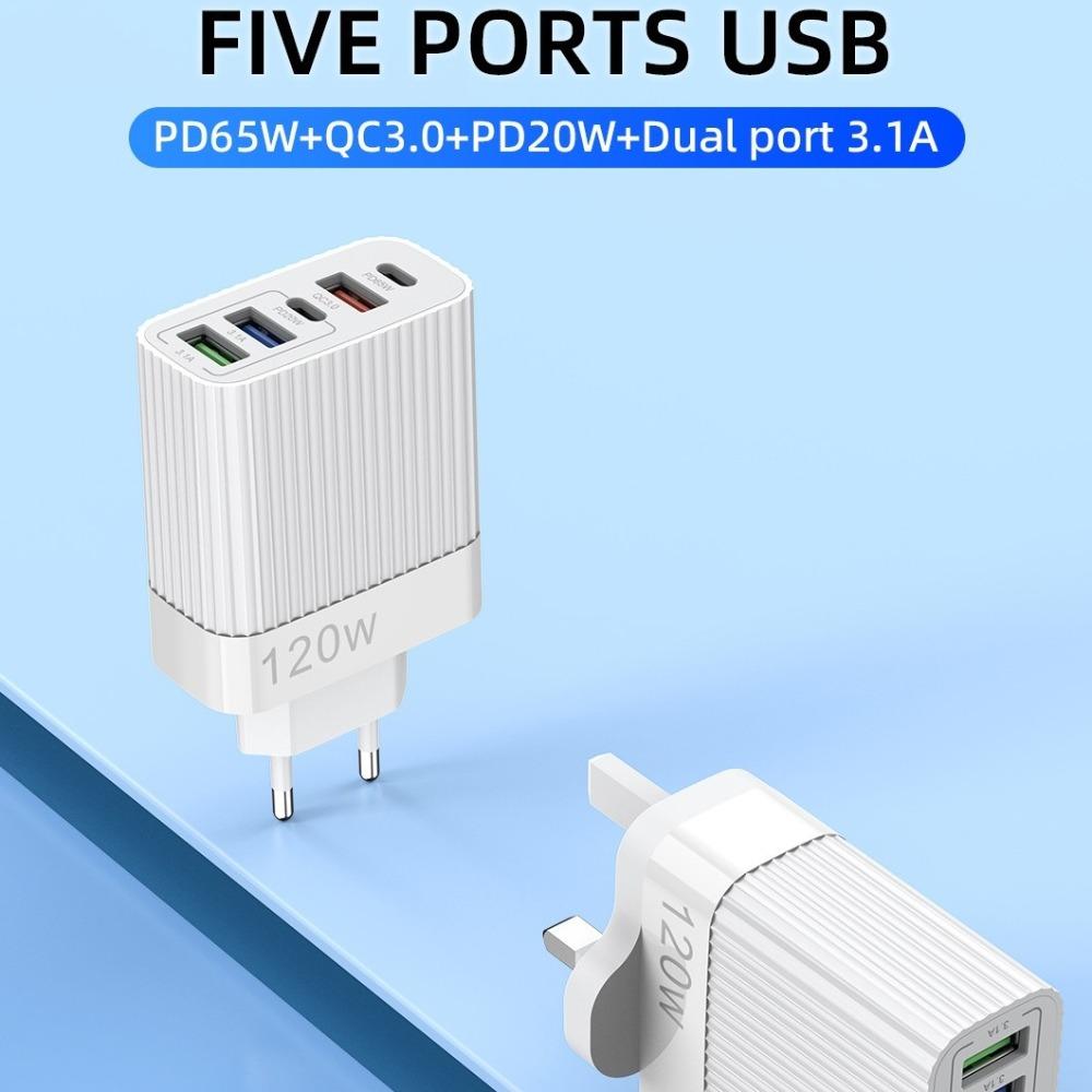 120W Super Fast Charger Head 5 Ports 10A Charger USB Fast Charger High Speed Charging 3 USB 2 Type C for iPhone Samsung Xiaomi