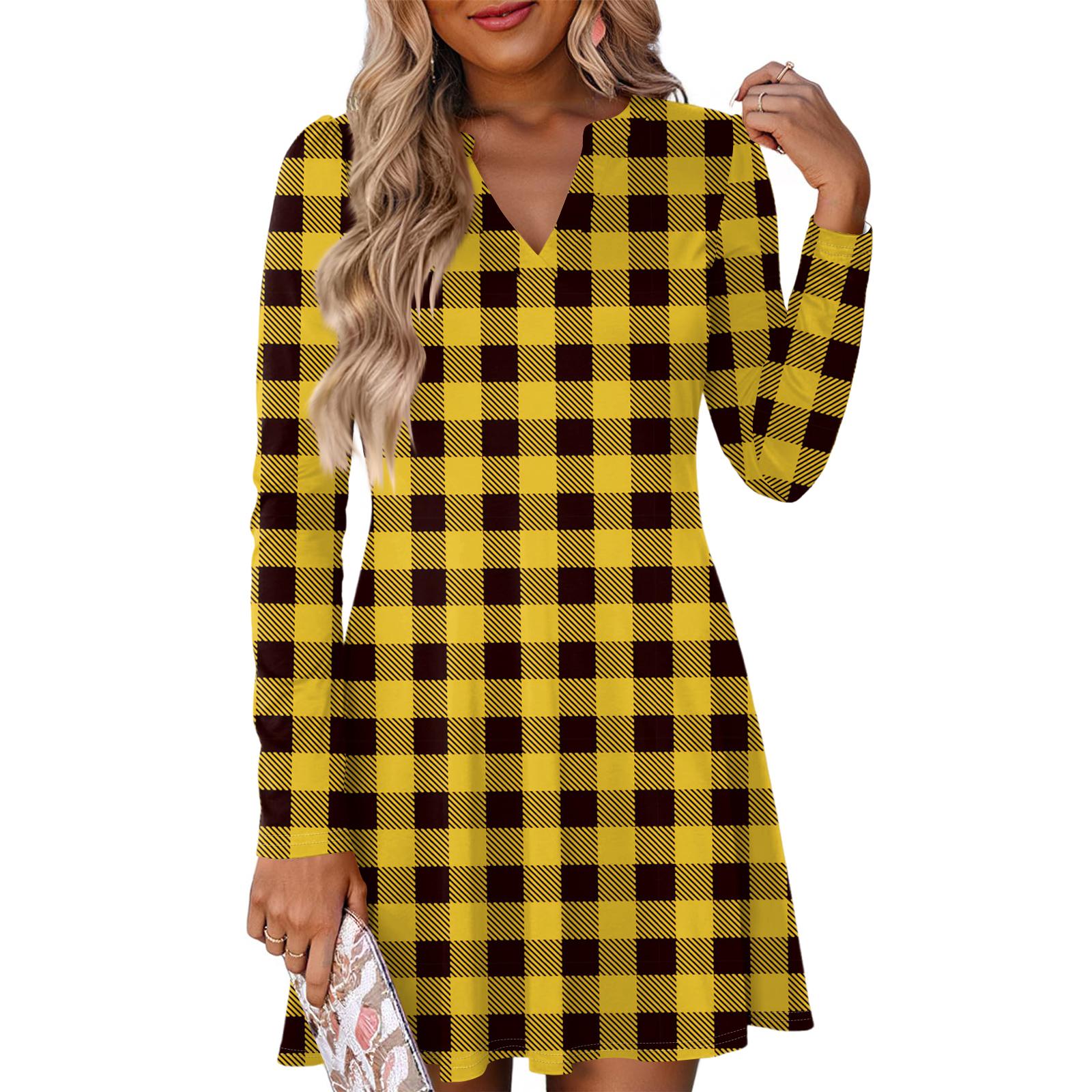 

Женское модное платье в клетку с V-образным вырезом и длинными рукавами L жёлтый