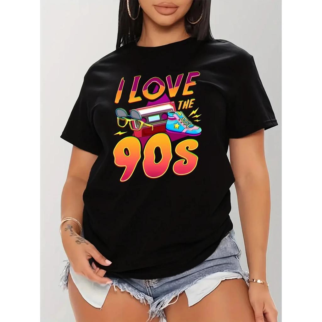 Glasses Tape Shoes Pattern I Love 90s Printed Top T-shirt Summer Spring Women's Round Neck Short sleeved Casual Top