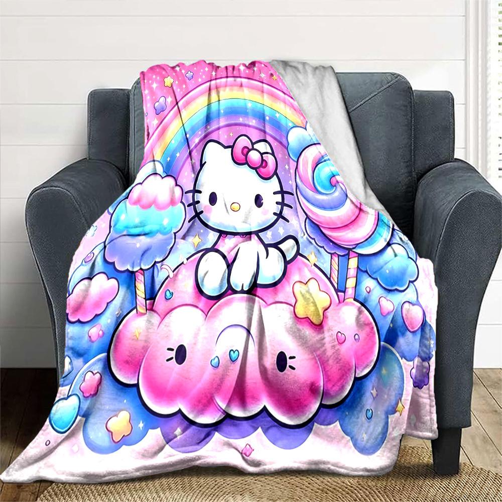 1pc Hello Kitty, Rainbow blanket Lightweight Flannel Throw for Sofa Bed Travel Camping Livingroom Office Couch Chair