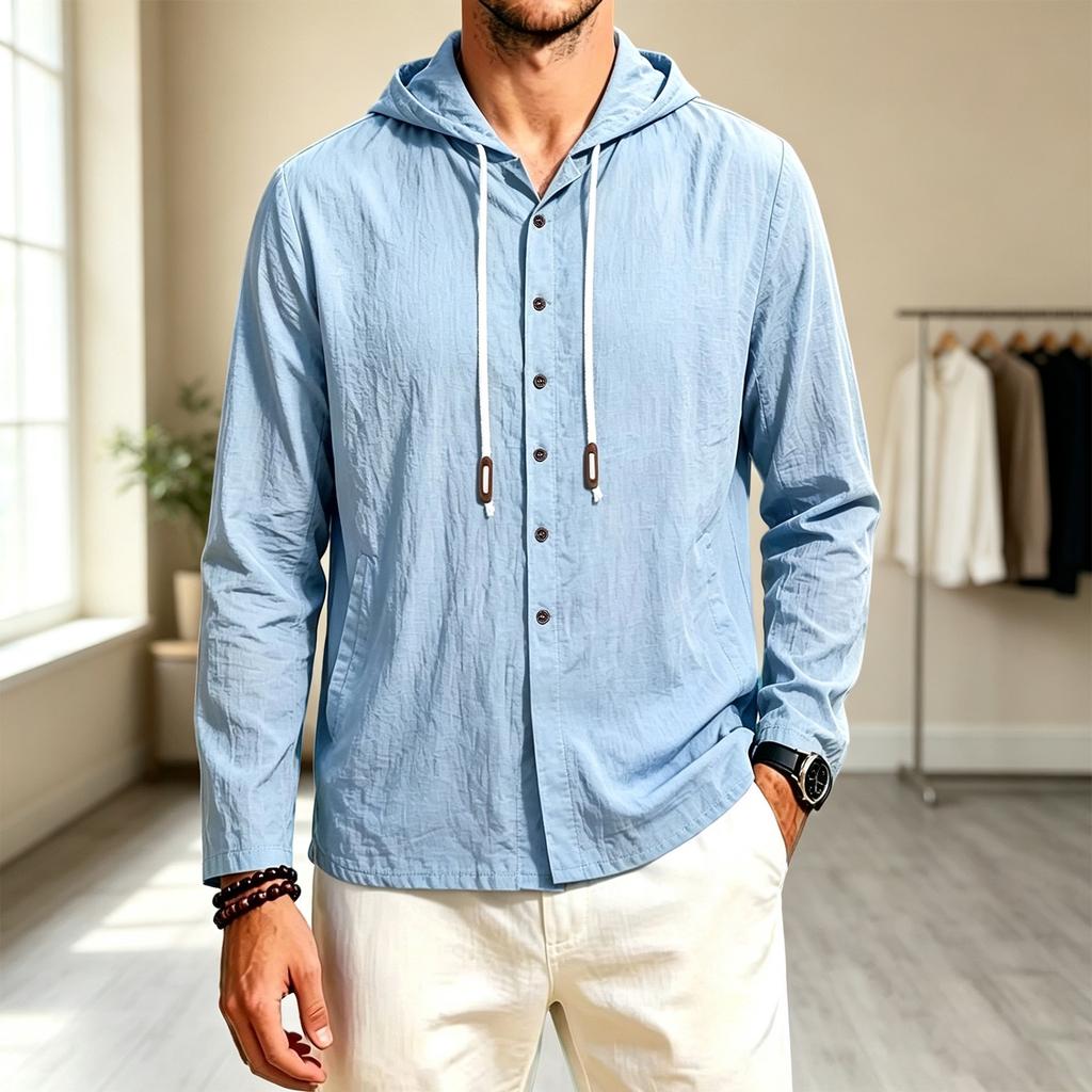 Men's Color Hooded Long Sleeve Casual Loose Fit Shirt
