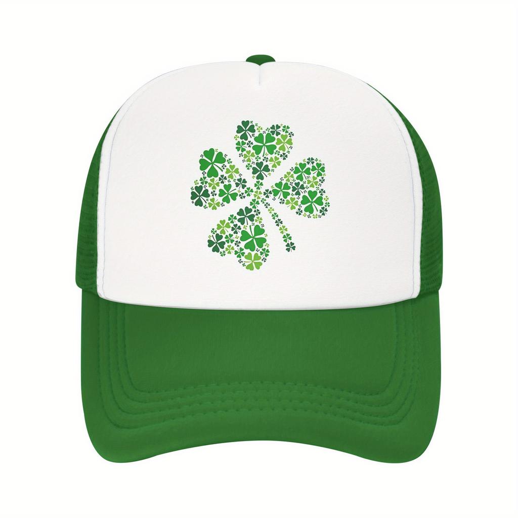 Four Leaf Clover Trucker Hat Breathable Mesh Baseball Cap Green Print Casual Adjustable Unisex Adult