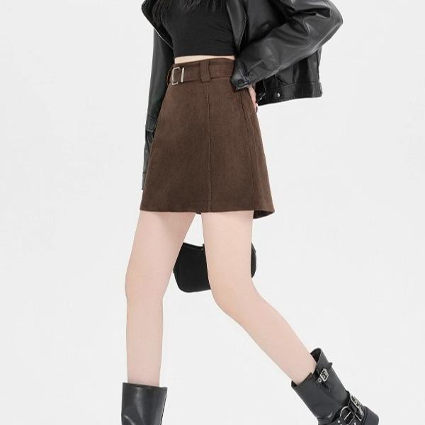 Elegant High-Waist Suede A-line Skirt for Women - Coffee Color, Anti-exposure, Slimming and Hip-hugging, Perfect for Spring and Fall.