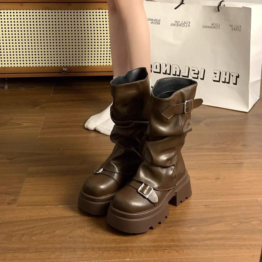 Medium Tube Pants Tube Boots Women's Shoes Platform Heightening Martin Boots Women's 2025 New Spring and Autumn Retro Maillard Stacking Boots