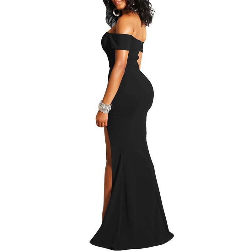 Independent Station European and American Foreign Trade Evening Dress Women's Banquet Temperament Low Chest One Word Shoulder High Split Sexy High-end