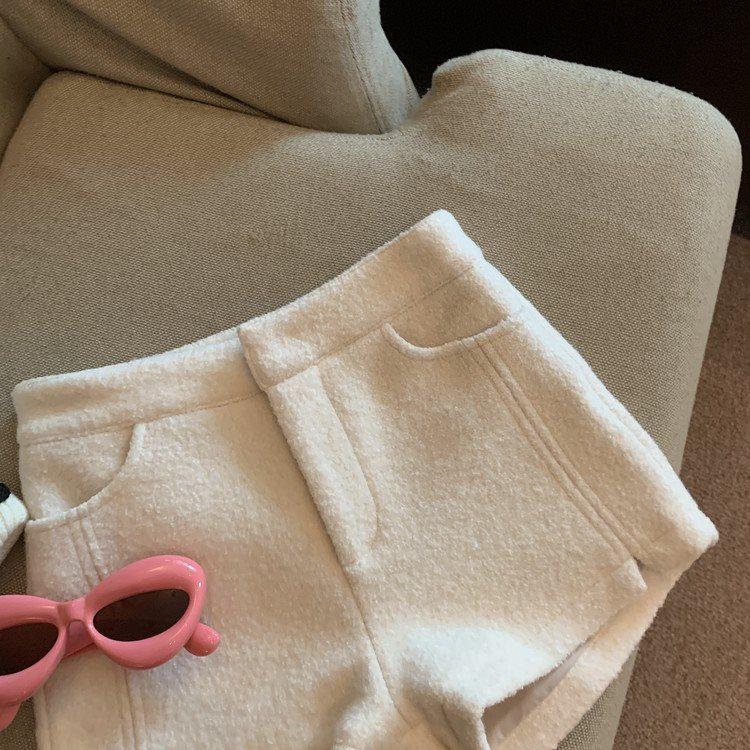 Women's High-Waisted White Tweed Wide-Leg A-Line Shorts for Spring and Autumn