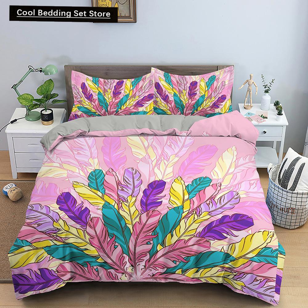 Feathers Duvet Cover Queen/King Size Boho Colorful Bird Feather Bedding Set Tropical Leaves 2/3pcs Polyester Comforter Cover