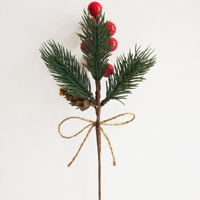 Artificial Christmas Red Berry Pine Needle Faux Greenery Stem for Wreath Garland Tree Decoration Home Decor DIY Supplies Festive