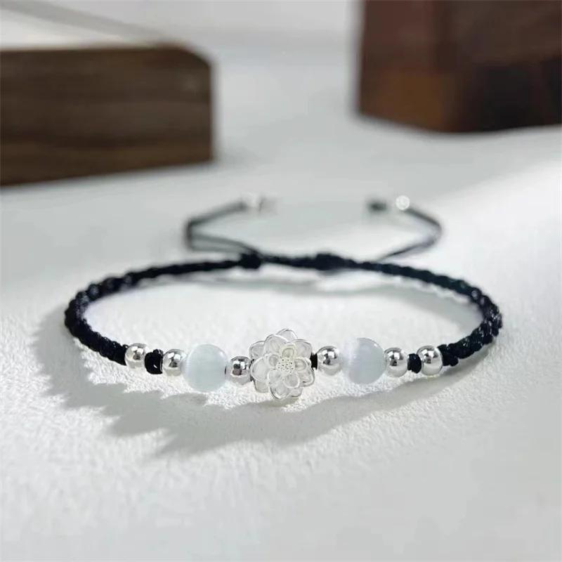 Vintage Handmade Chinese Style Braid Bracelet for Women Fashion Lotus Flower Beaded Bracelet Jewelry Adjustable Gifts
