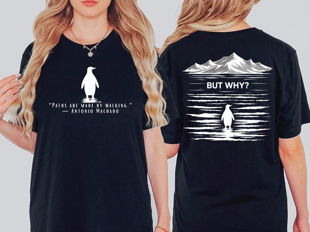 Paths Are Made by Walking But Why Penguin Meme Nihilist Hiking T-Shirt