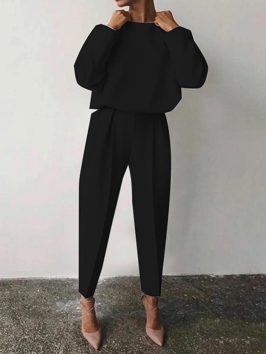 

TUME Женский однотонный повседневный комплект из двух предметов с длинным рукавом для осени/зимы Европа и Америка M чёрный